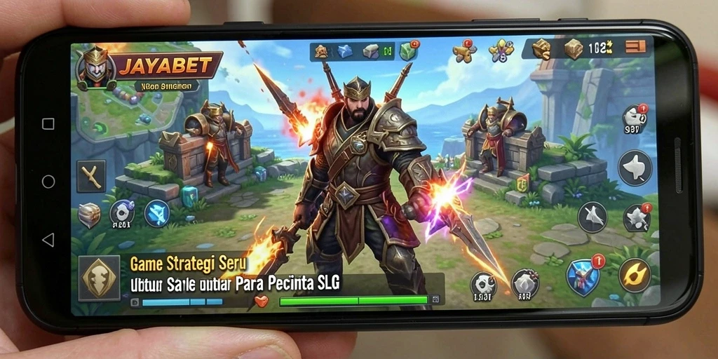 Tampilan screenshot menunjukkan aksi pertempuran epik dalam game SLG.